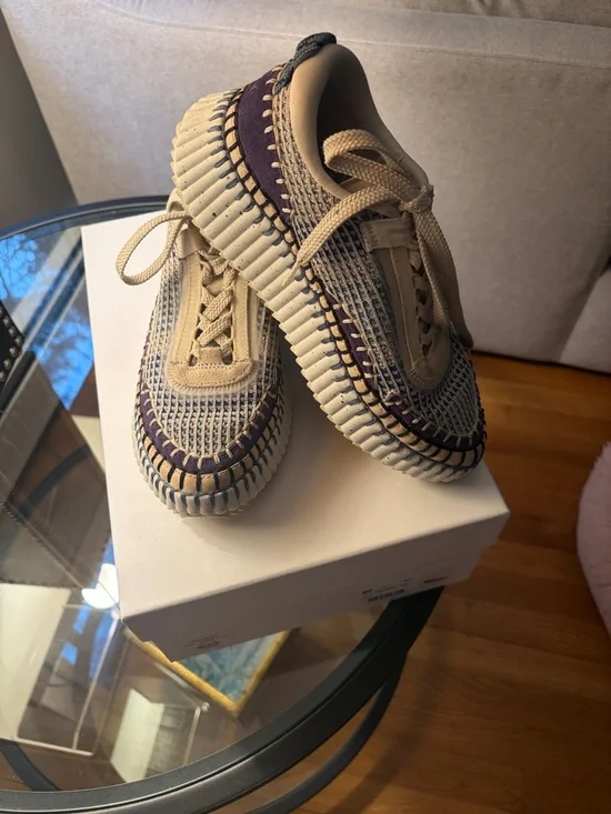 Chloé Cosmic Blue Woven-Trim Sneakers - Cream with Blue Stitching - Picture 1 of 5